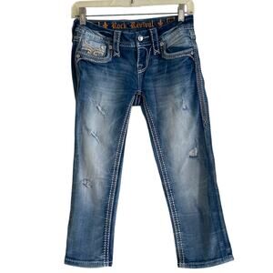 Rock Revival Jaylyn Low Rise Ripped Faded Embroidered Distressed Capri Jeans 24
